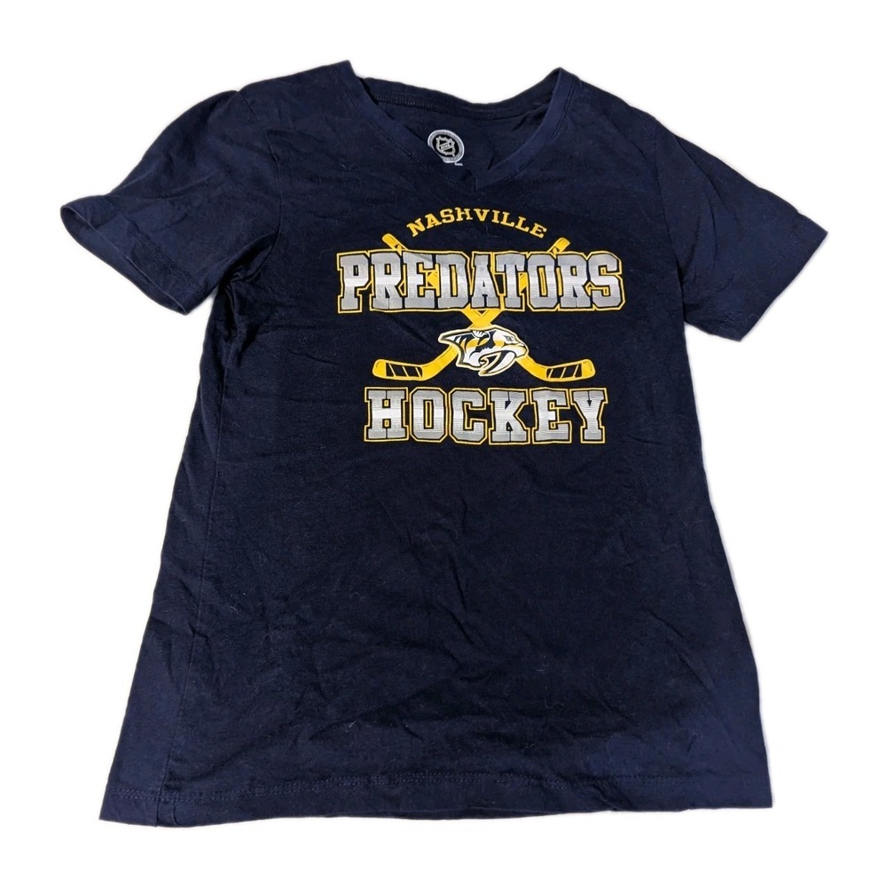 NHL Nashville Predators Juniors Girls Shirt V-Neck Logo Navy Size Large 10/12‎